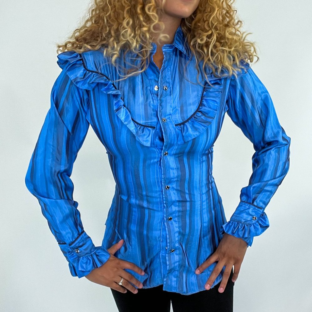 Vintage 70s Miss Rodeo America Blue & Black Striped Ruffled Yoke Western Blouse